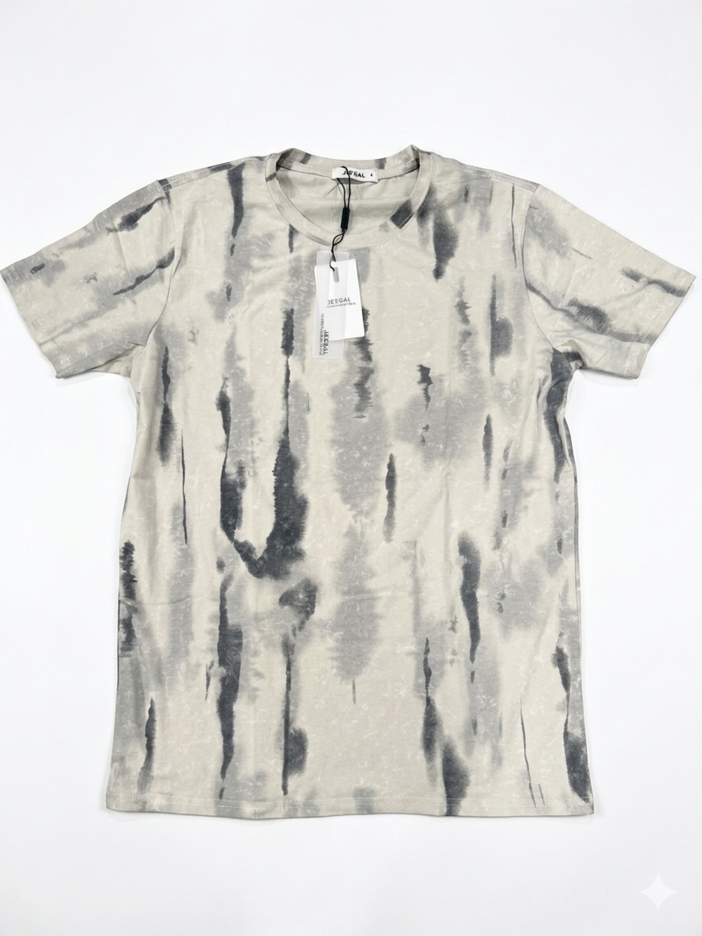 Jeegal Tie Dye Bleach Wash Vertical Stripe Tee Shirt Grey Beige Sz S NWT